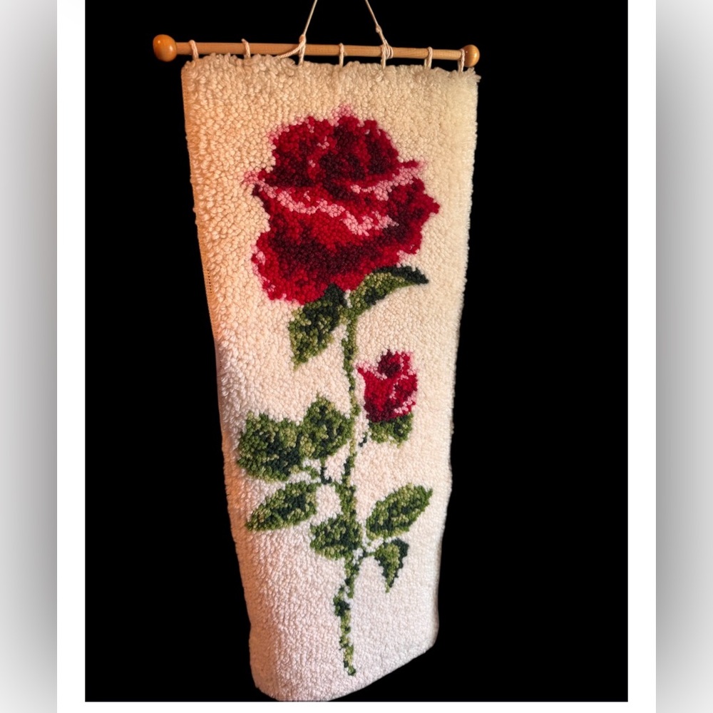 Vintage large hanging rug latch hook with roses